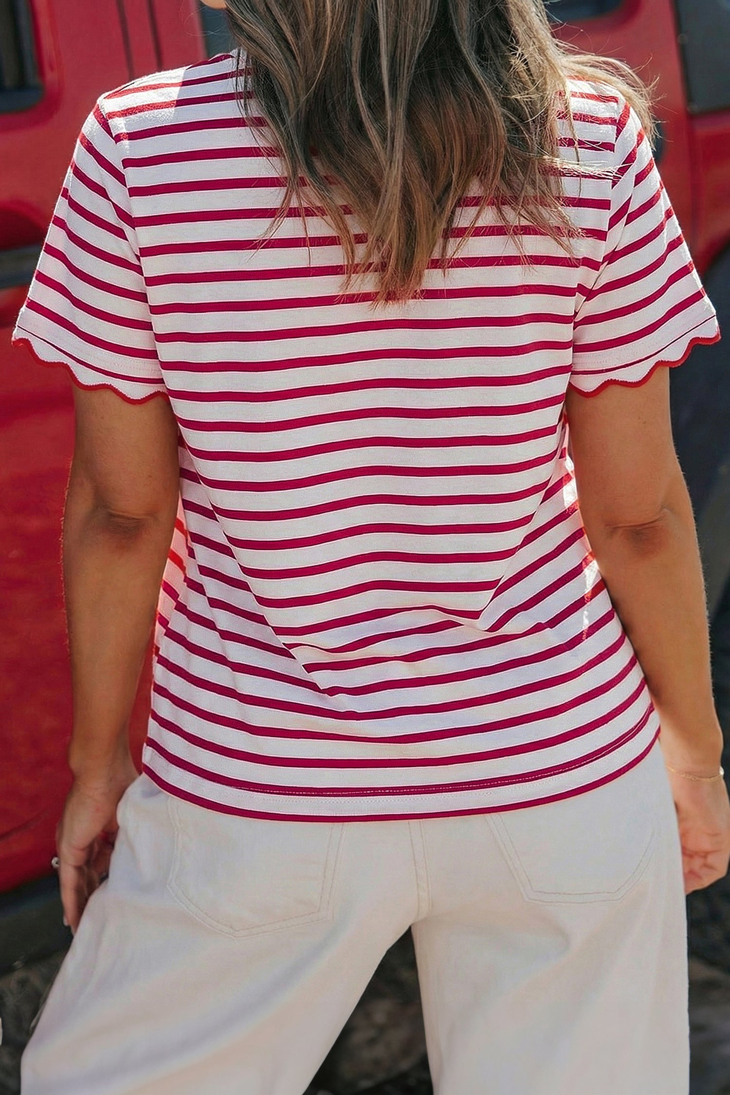 Scalloped Trim Stripe Cotton T-Shirt Round Neck Short Sleeve