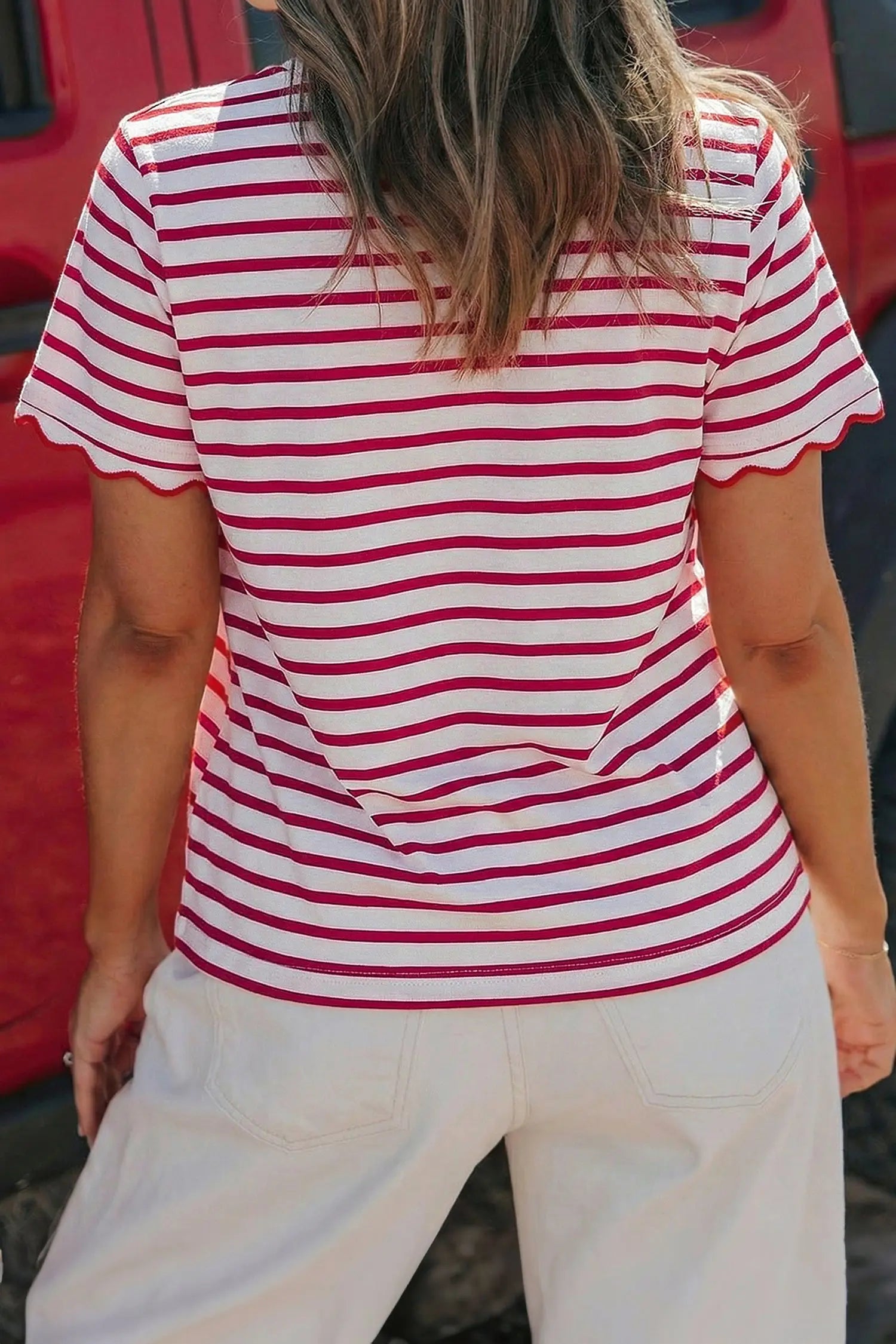 Scalloped trim stripe cotton t-shirt round neck short sleeve t-shirts