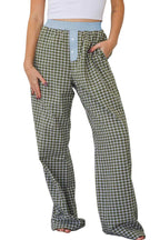 Isolated product view of Ladies Brown Gingham Boxer Trousers by FashionFitz, showcasing the relaxed cut, gingham print, and blue waistband.