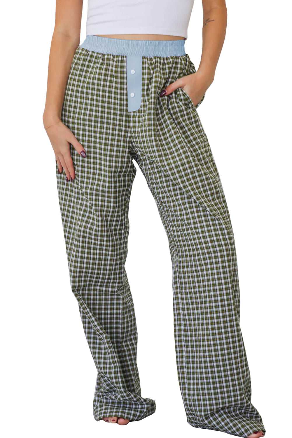 Isolated product view of Ladies Brown Gingham Boxer Trousers by FashionFitz, showcasing the relaxed cut, gingham print, and blue waistband.