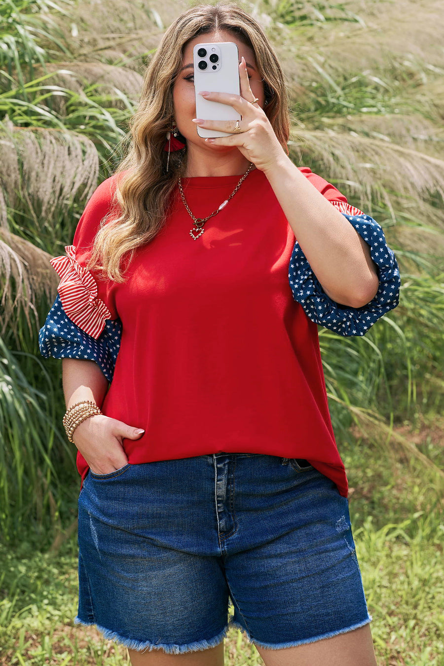 Striped Ruffle Star Bubble Sleeve Patchwork Plus Size Top Women UK