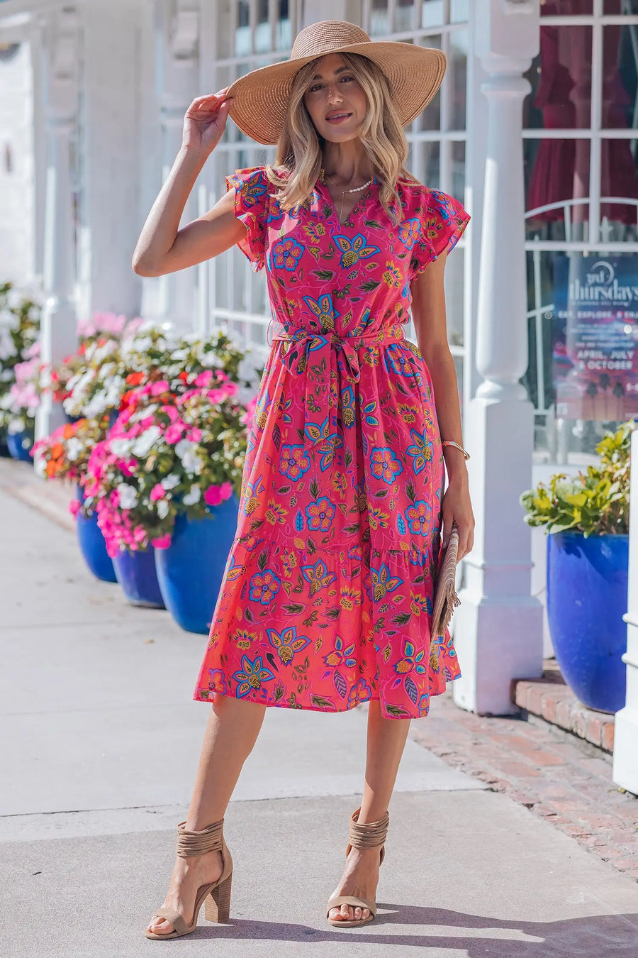 Rose flutter sleeve belted floral long midi dress