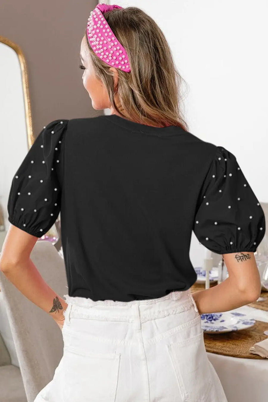 Ribbed Pearl Beaded Puff Sleeve Top Women UK — lifestyle shot | Fashionfitz UK
