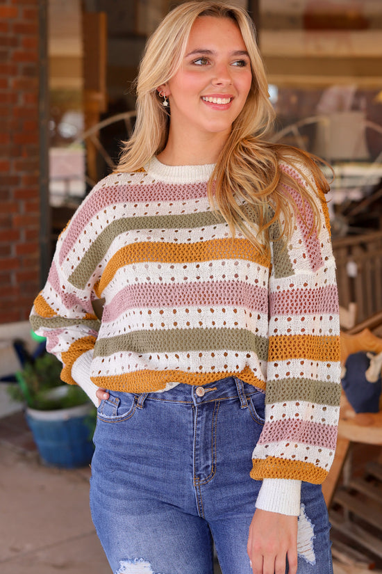 Knitted Loose Sweater - Striped Hollowed