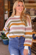 Knitted Loose Sweater - Striped Hollowed
