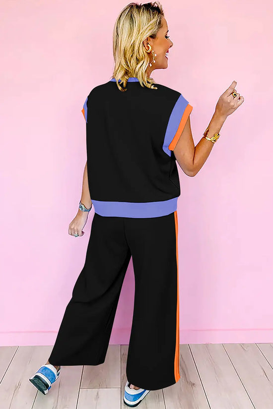 Colour block two piece set cap sleeve wide leg pants women uk