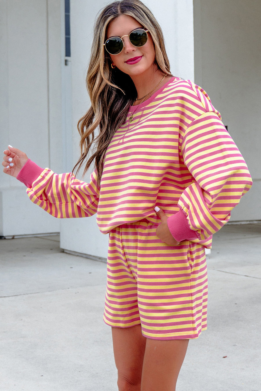 Yellow Stripe Colour Block Long Sleeve Top & Casual Shorts Set Women UK