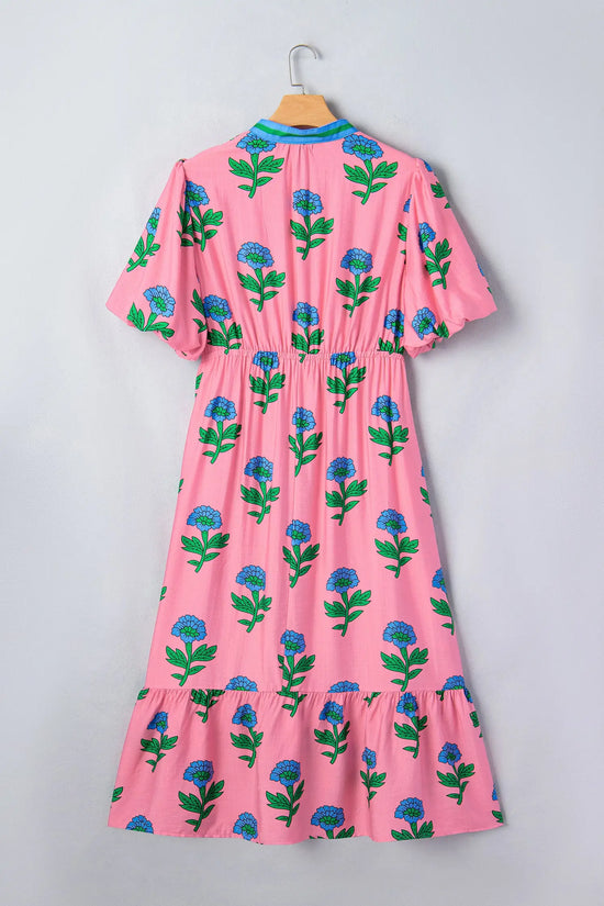Plus size floral striped v-neck puff sleeve ruffle tiered maxi dress dresses