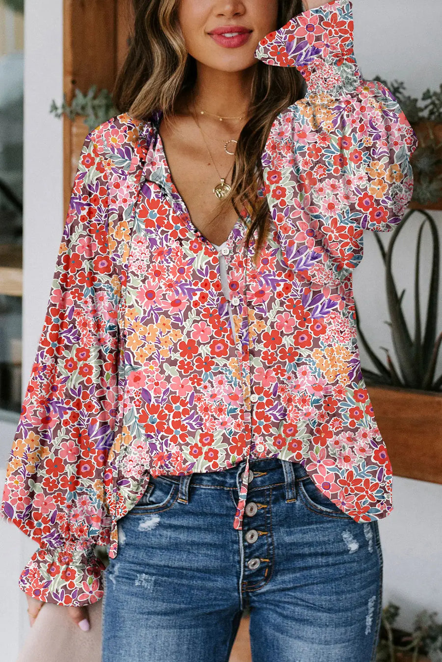 Casual cakewalk floral smocked blouse with ruffles