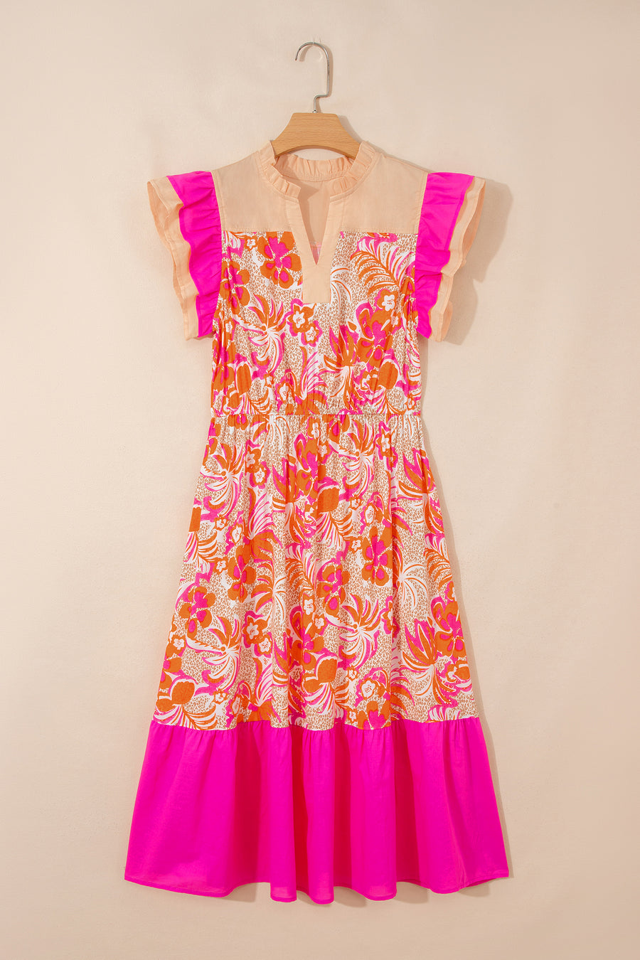 Rose Floral Color Block Ruffled Short Sleeve Midi Dress Women UK — side view