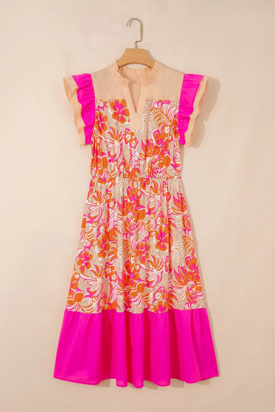 Rose Floral Color Block Ruffled Short Sleeve Midi Dress Women UK — side view