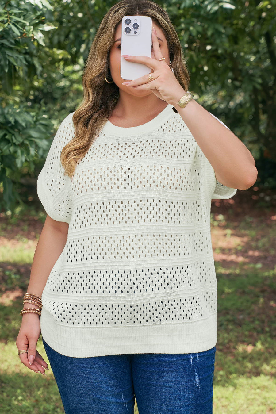 Plus Size Eyelet Hollow Out Knit Short Sleeve Sweater Ribbed Trim White — lifestyle shot | Fashionfitz UK