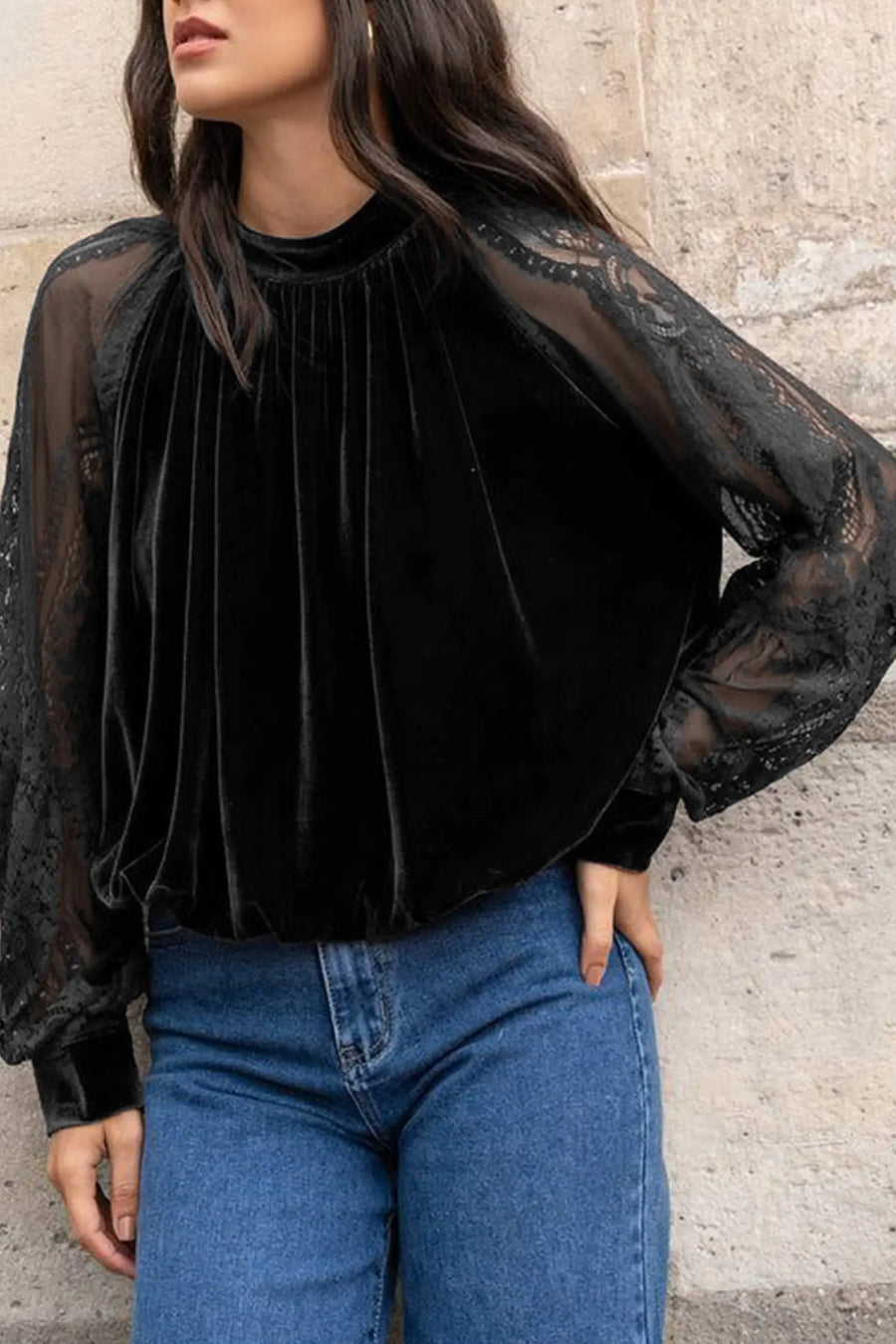 Sheer Lace Velvet Patchwork Stand Neck Blouse Women UK