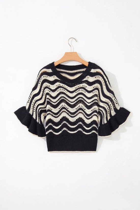 Wavy stripe crochet eyelet ruffle half sleeve knit sweater relaxed fit sweaters