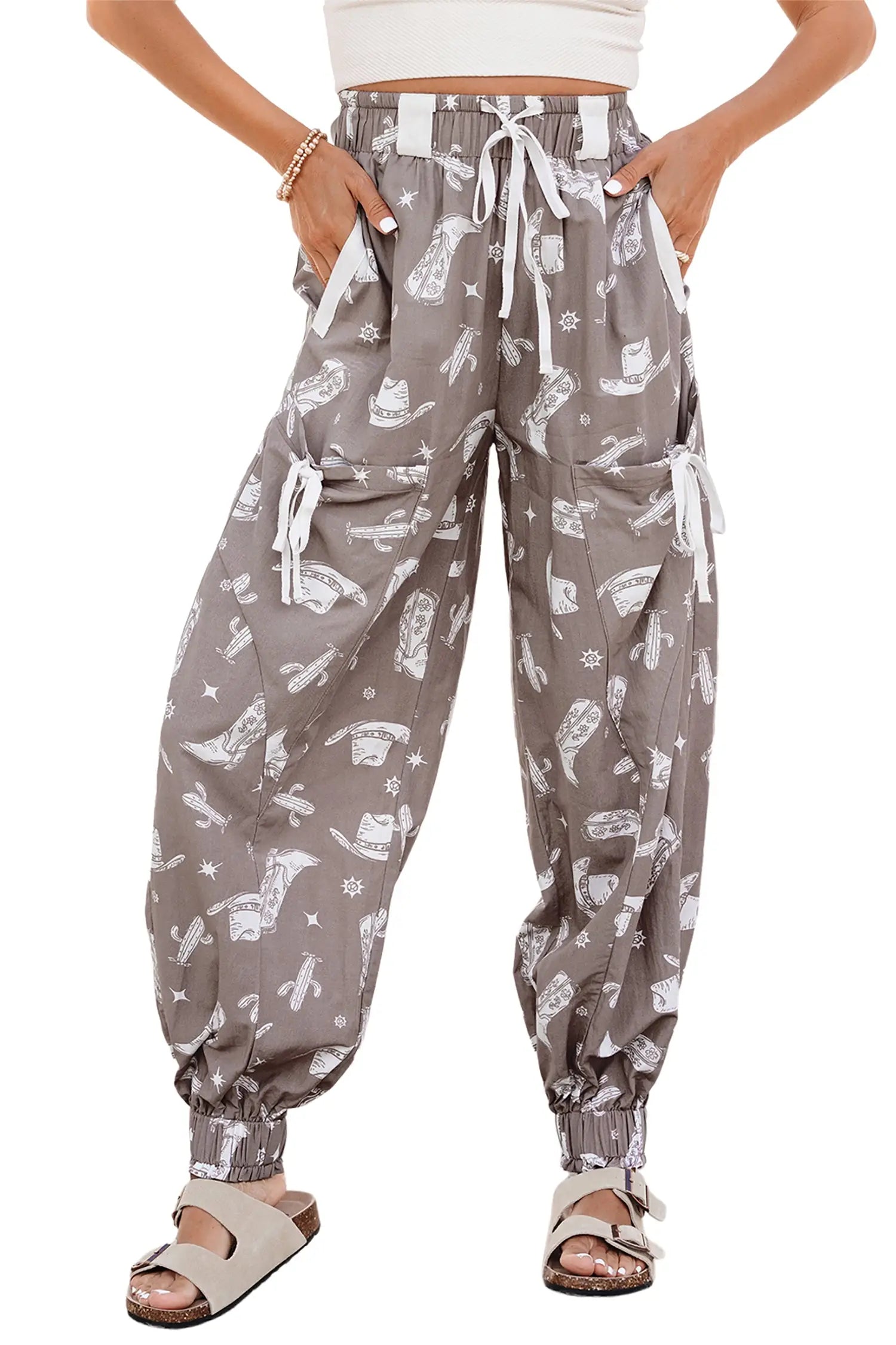 Western print vintage drawstring elastic hem jogger trousers with pockets joggers
