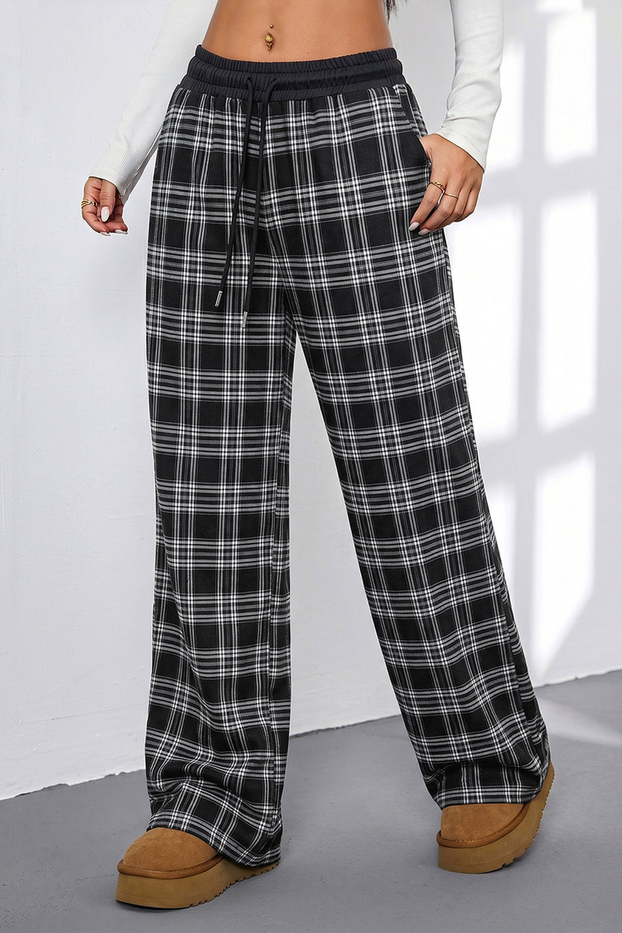 Plaid Contrast Drawstring Waist Wide Leg Trousers