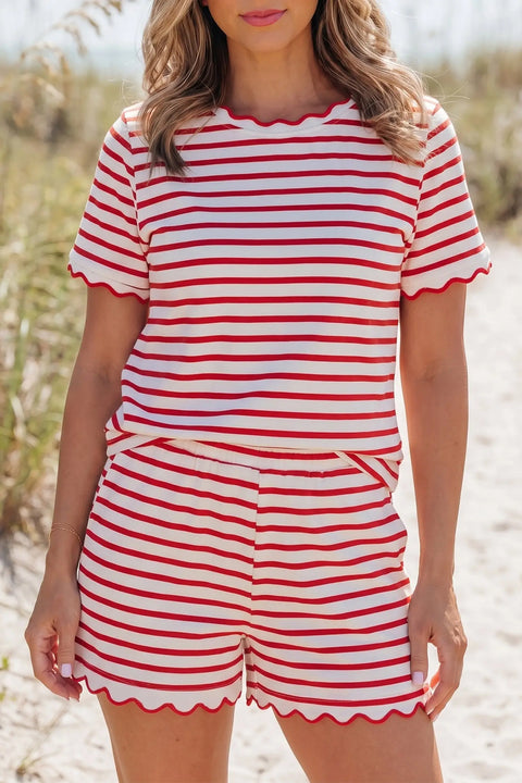 Red and white striped scallop trim top and shorts co-ord set front view — Fashionfitz UK