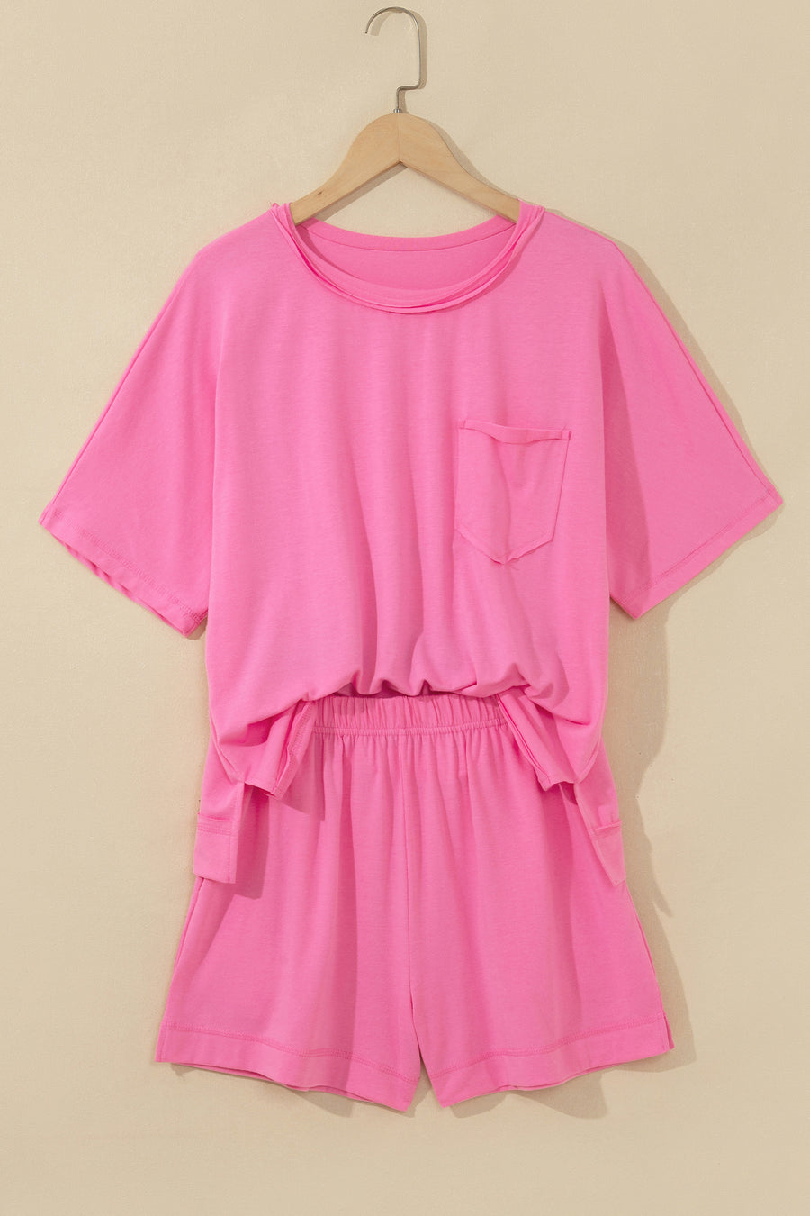 Raw Edge Patch Pocket Oversized Top and Shorts Set Women UK