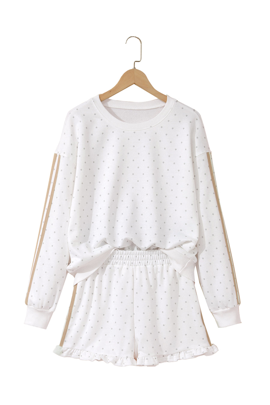 White Polka Dot Stripe Casual Sweatshirt & Shorts Set