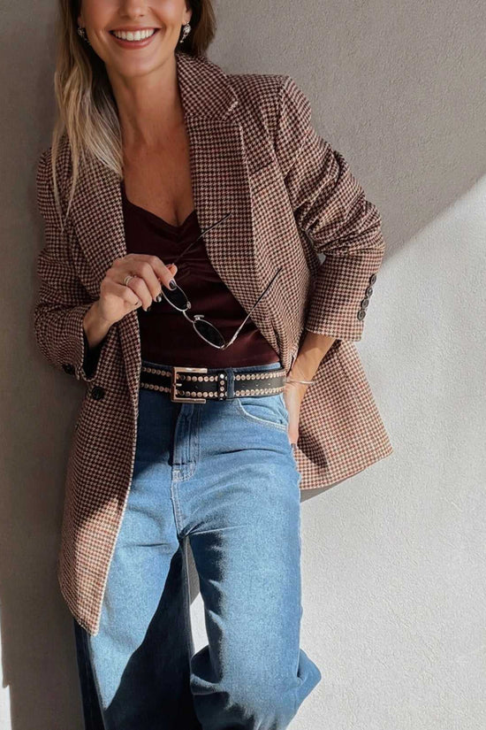 Ladies Brown Houndstooth Fitted Blazer styled with jeans and a burgundy top, showcasing a modern fall look from FasionFitz.