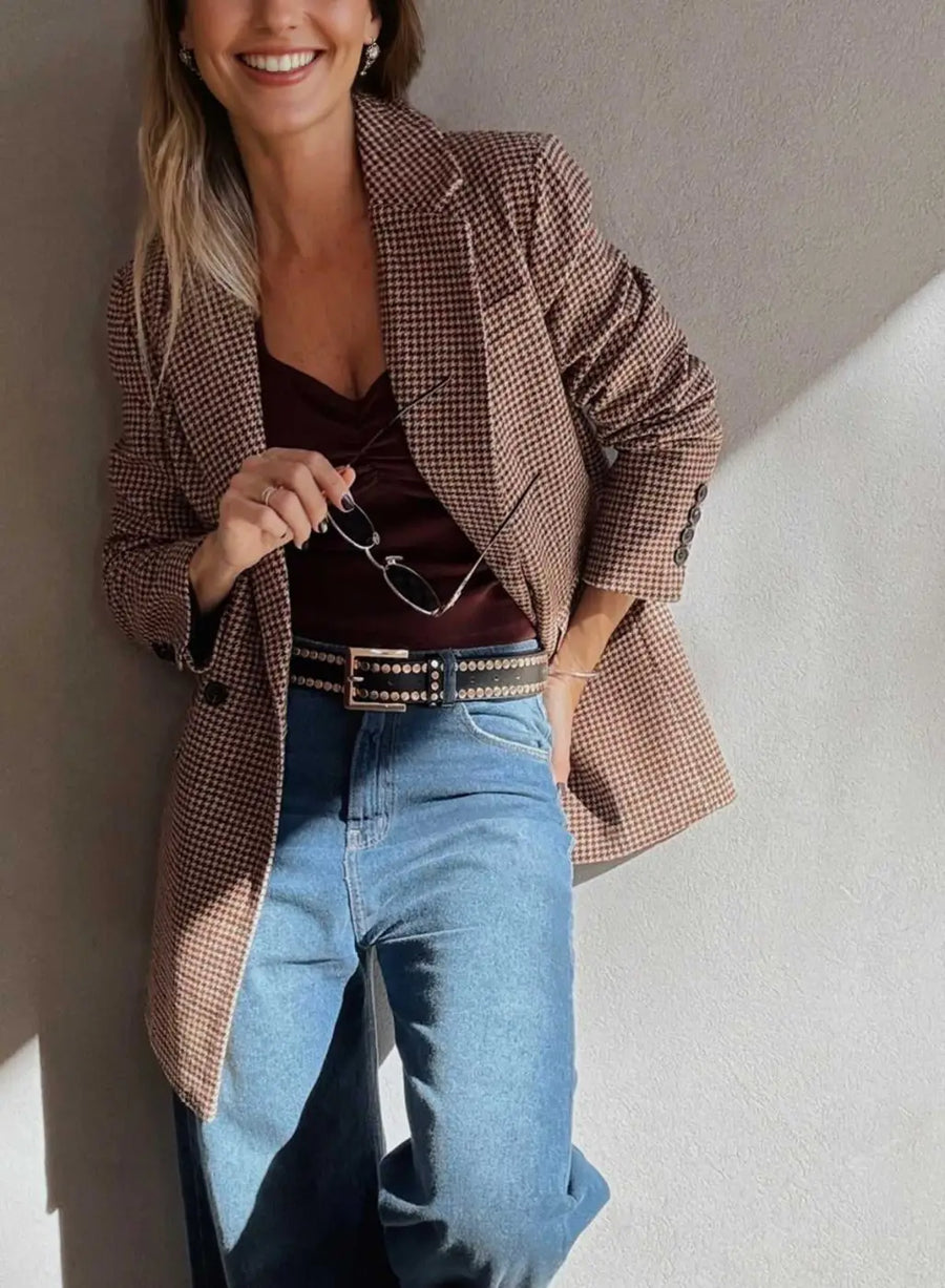 Ladies Brown Houndstooth Fitted Blazer styled with jeans and a burgundy top, showcasing a modern fall look from FasionFitz.