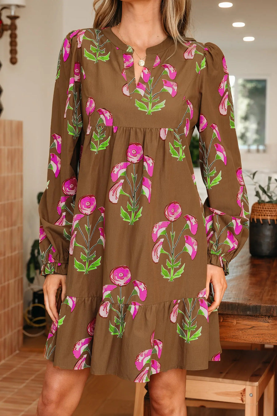 Brown Floral Babydoll Puff Sleeve Ruffle Hem Tunic Dress Women UK — lifestyle view