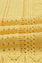Fabric detail of Yellow Crochet Lace Pointelle Knit Sweater, emphasizing breathable crochet knit ideal for layering in spring.