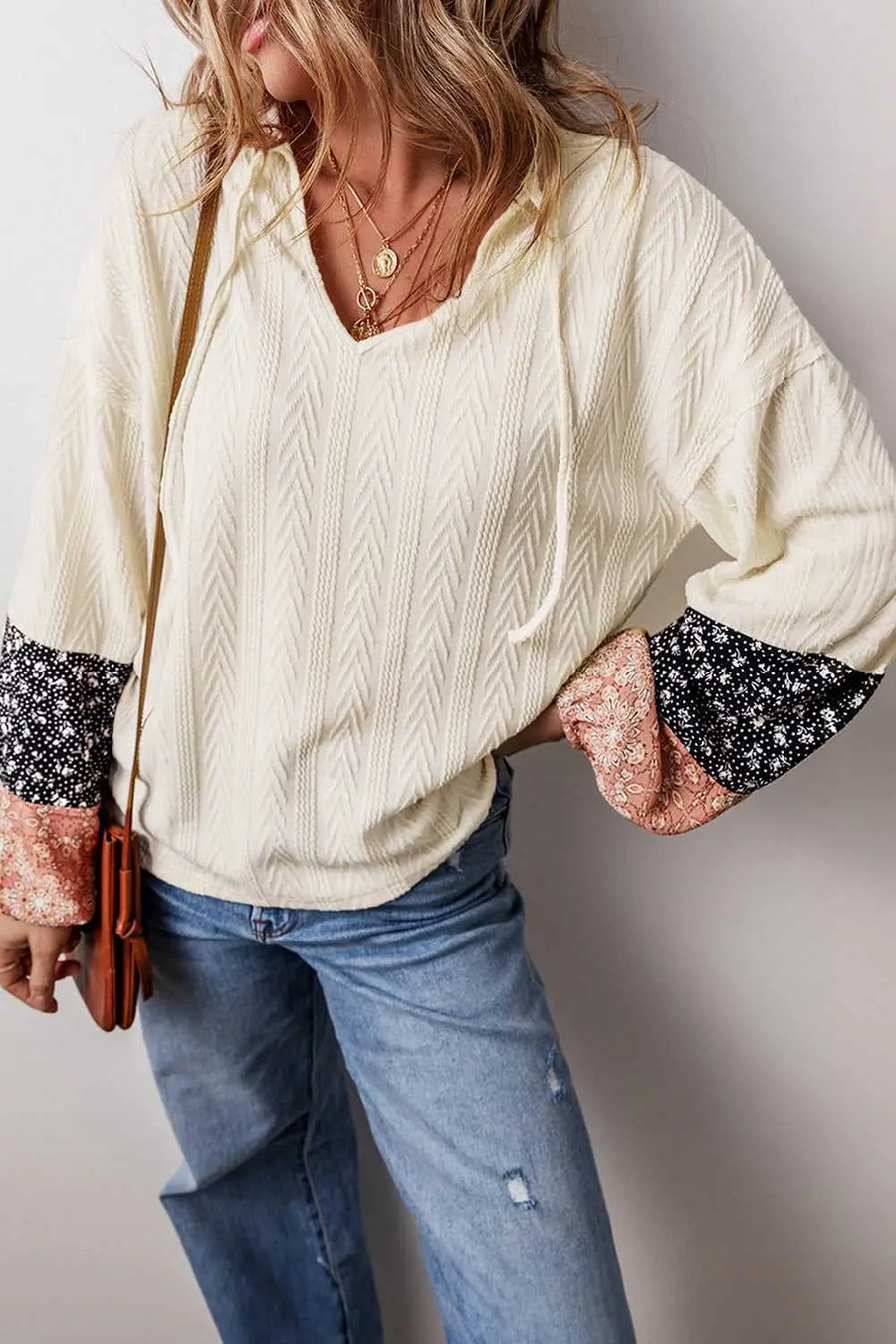 Floral Patchwork V-Neck Lace-Up Knit Blouse Women UK styled as a distinctive artisan autumn outfit — Fashionfitz