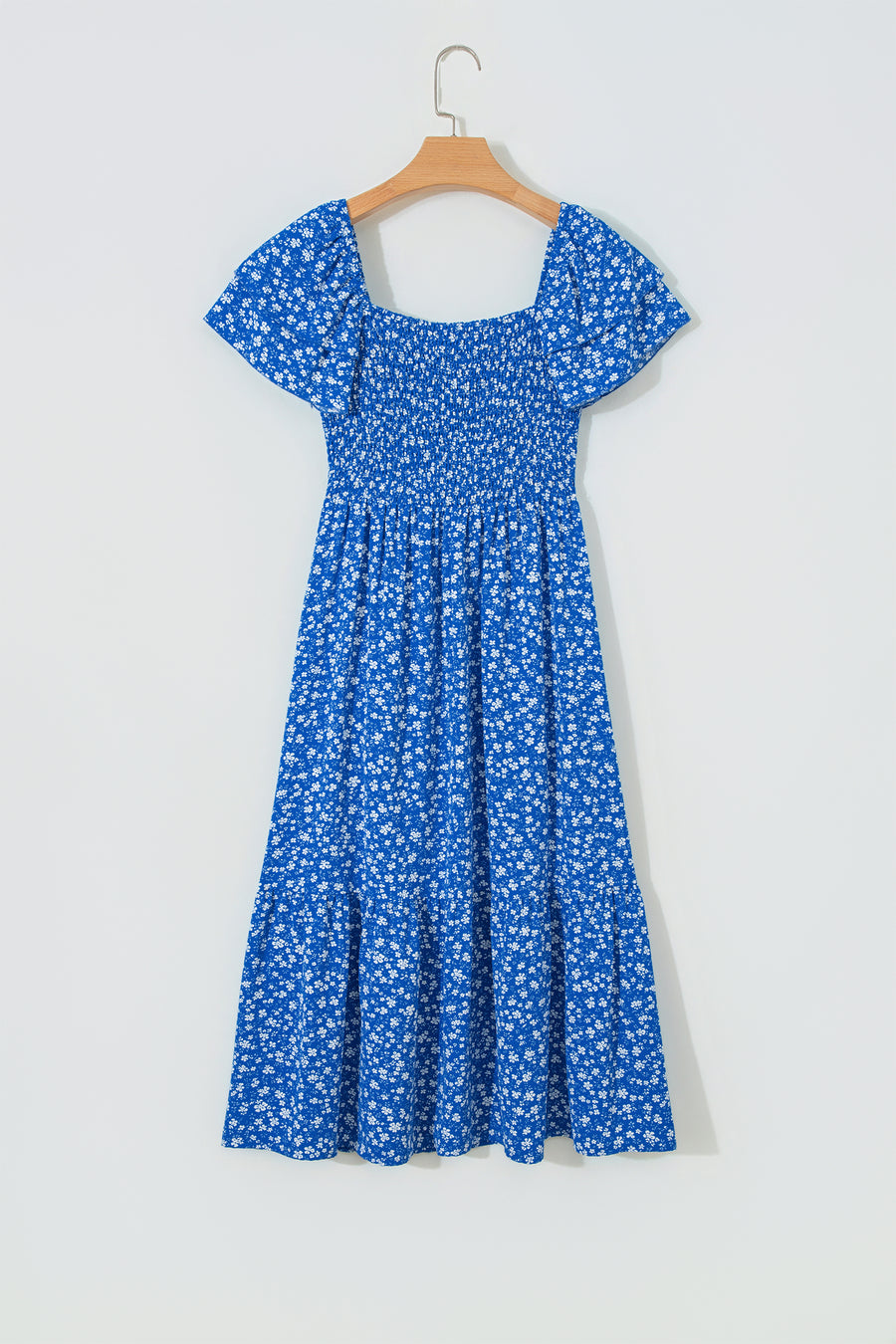Floral Smocked Square Neck Midi Dress Women UK