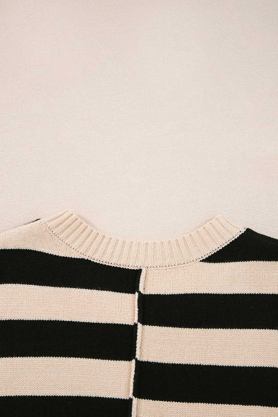 Back neckline detail of Monochrome Knit Dress - Cozy & Stylish | FashionFitz showing horizontal stripes and ribbed knit collar.