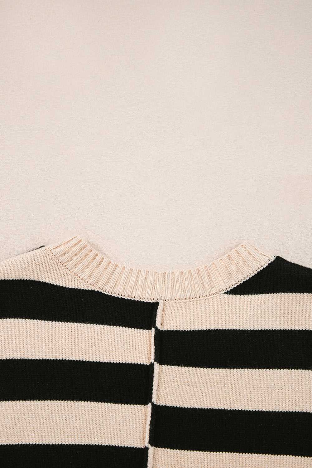 Back neckline detail of Monochrome Knit Dress - Cozy & Stylish | FashionFitz showing horizontal stripes and ribbed knit collar.