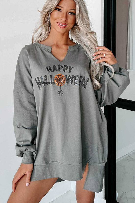 Front view of grey Sequin Halloween Top with sparkling Halloween text and relaxed silhouette, styled for casual fall fashion.