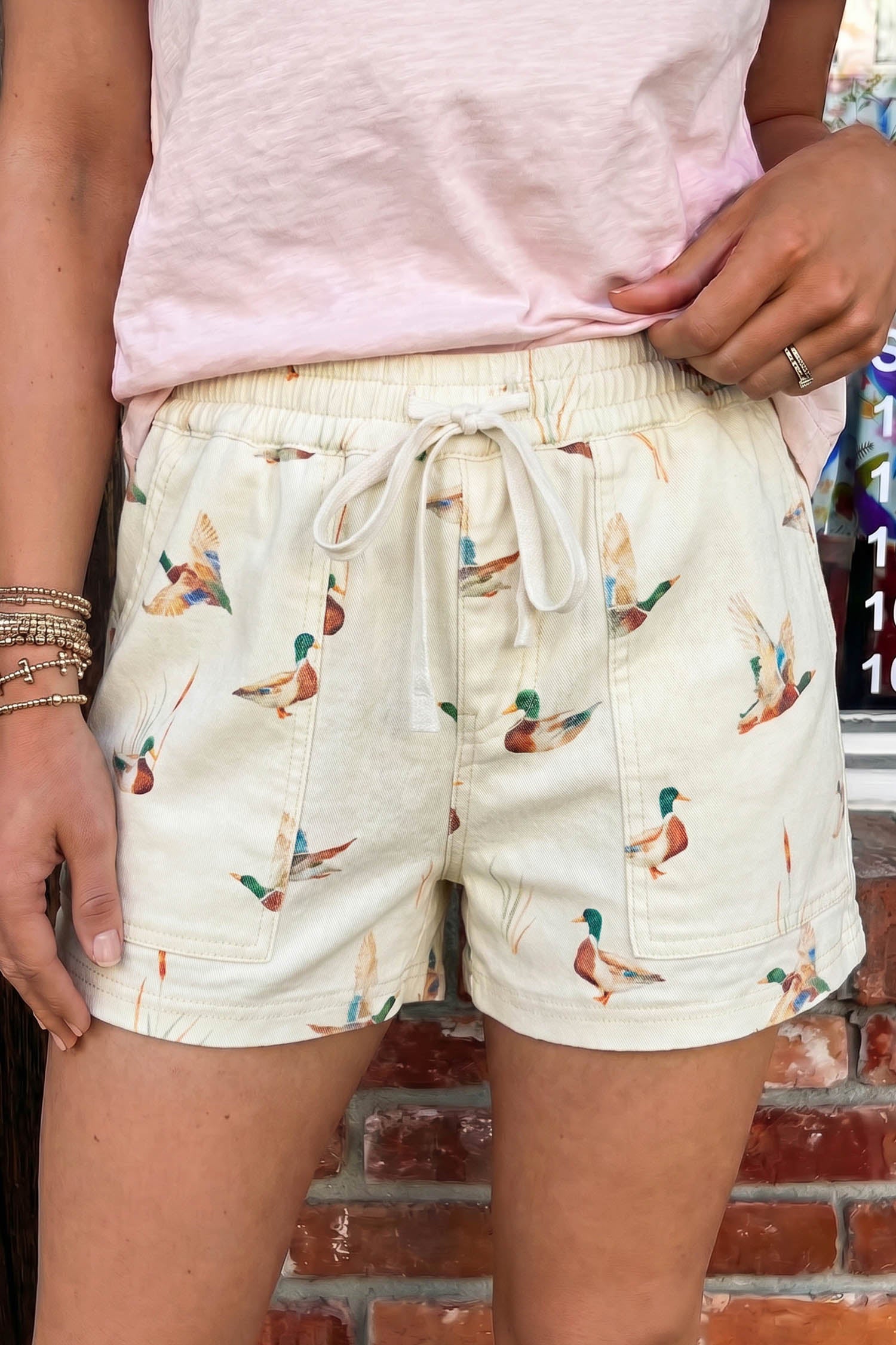 Duck Print Drawstring Denim Shorts Women UK