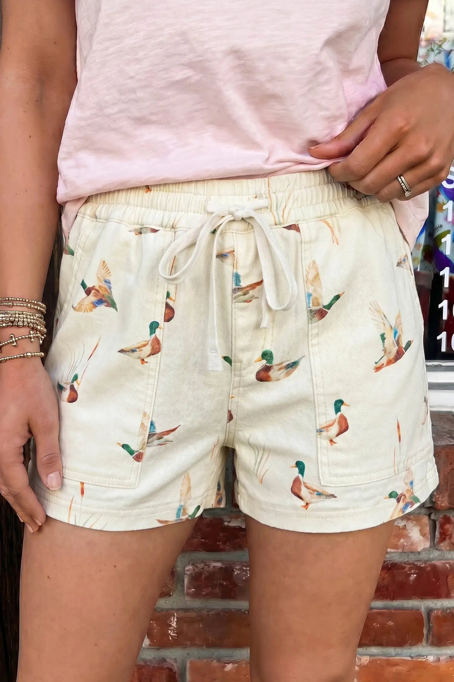 Women's duck print drawstring shorts side view casual summer