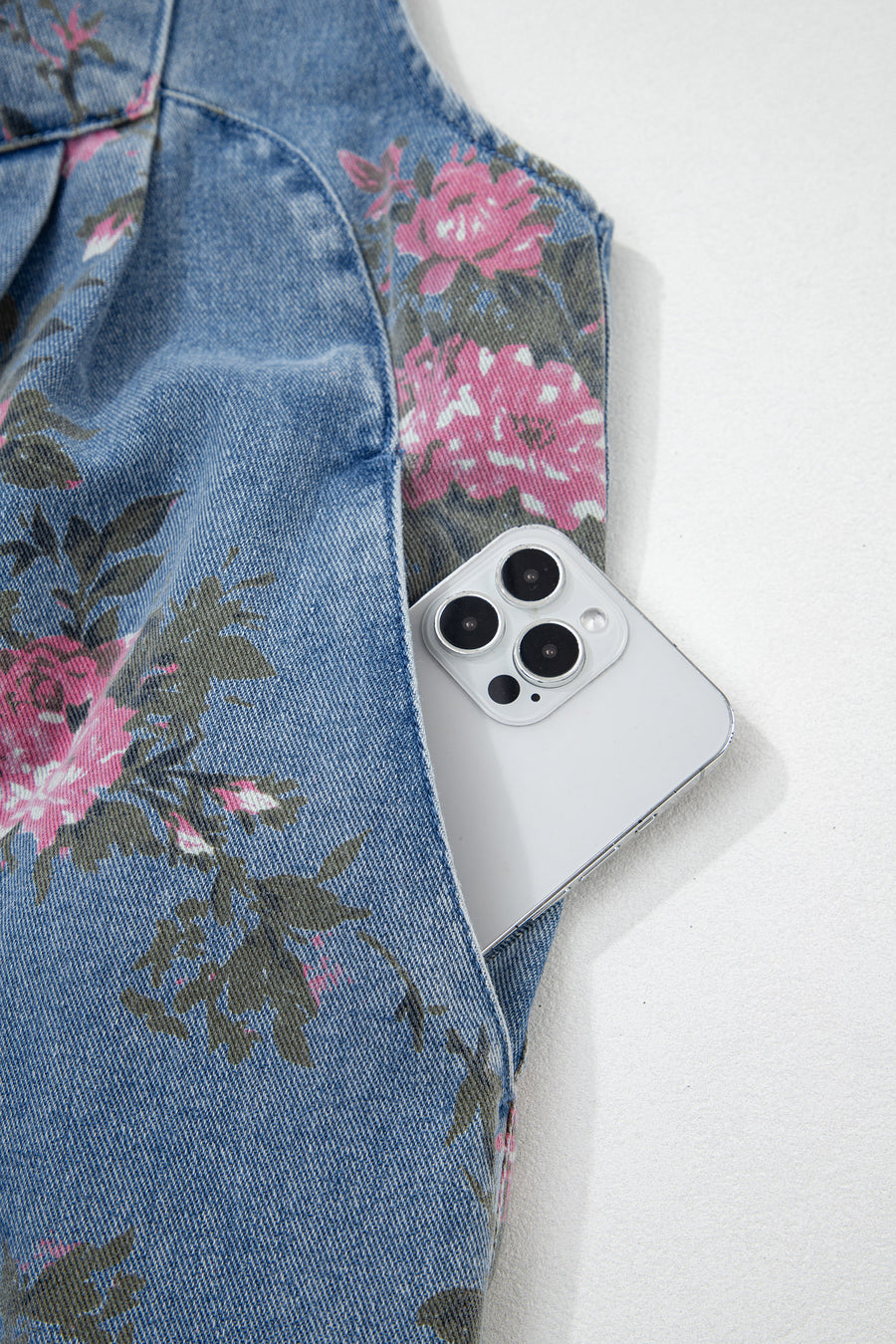 Floral Print Denim Shortalls Adjustable Straps Pockets Relaxed Fit