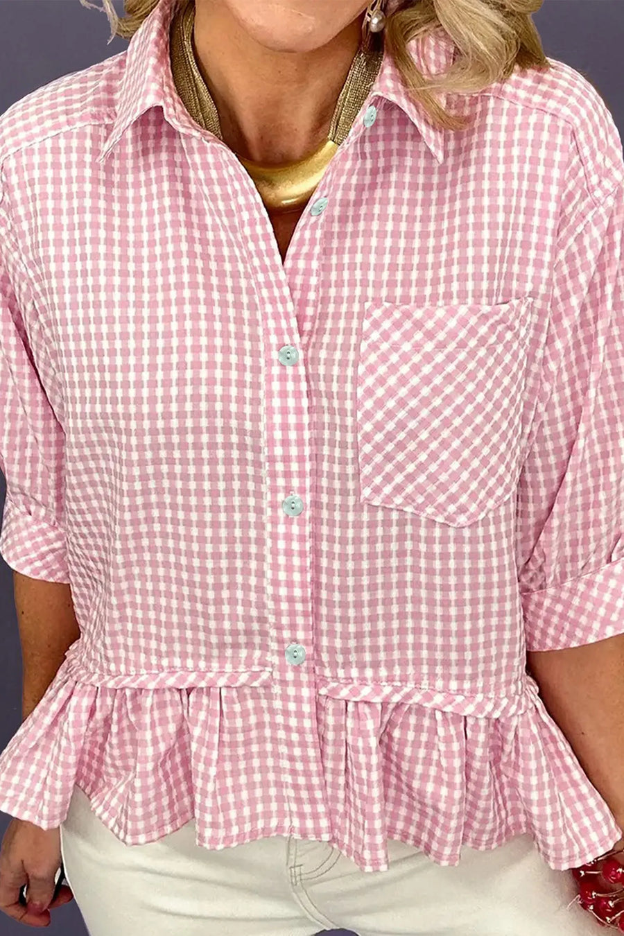 Side view of Plaid Ruffle Hem Half Sleeve Blouse showing ruffle hem detail and relaxed boho silhouette — Fashionfitz