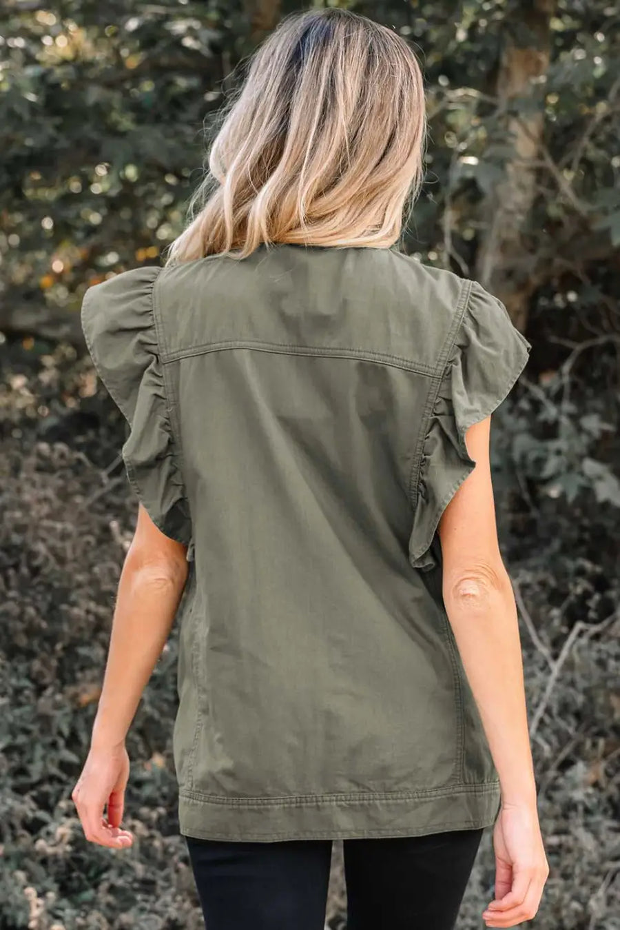 Green bay ruffled denim vest - women’s fashion trends