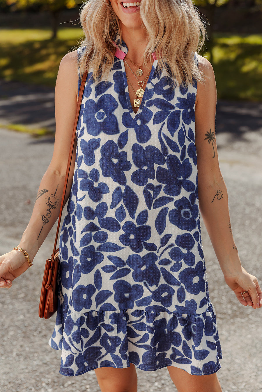 Blue Floral Sleeveless Colorblock Notched V Neck Mini Dress Women UK