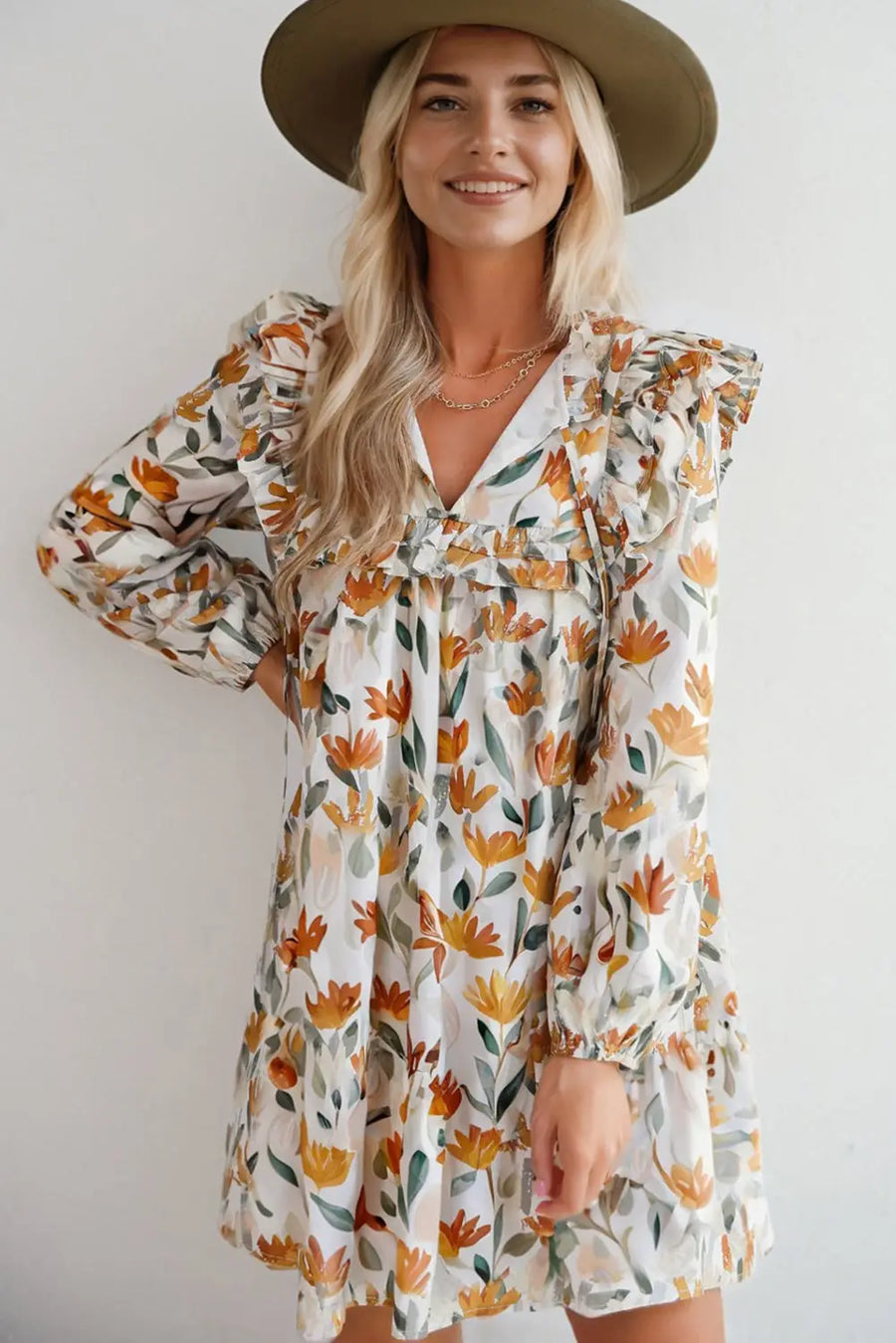 Yellow Floral Tie Neck Frilled Long Sleeve Mini Dress Women UK