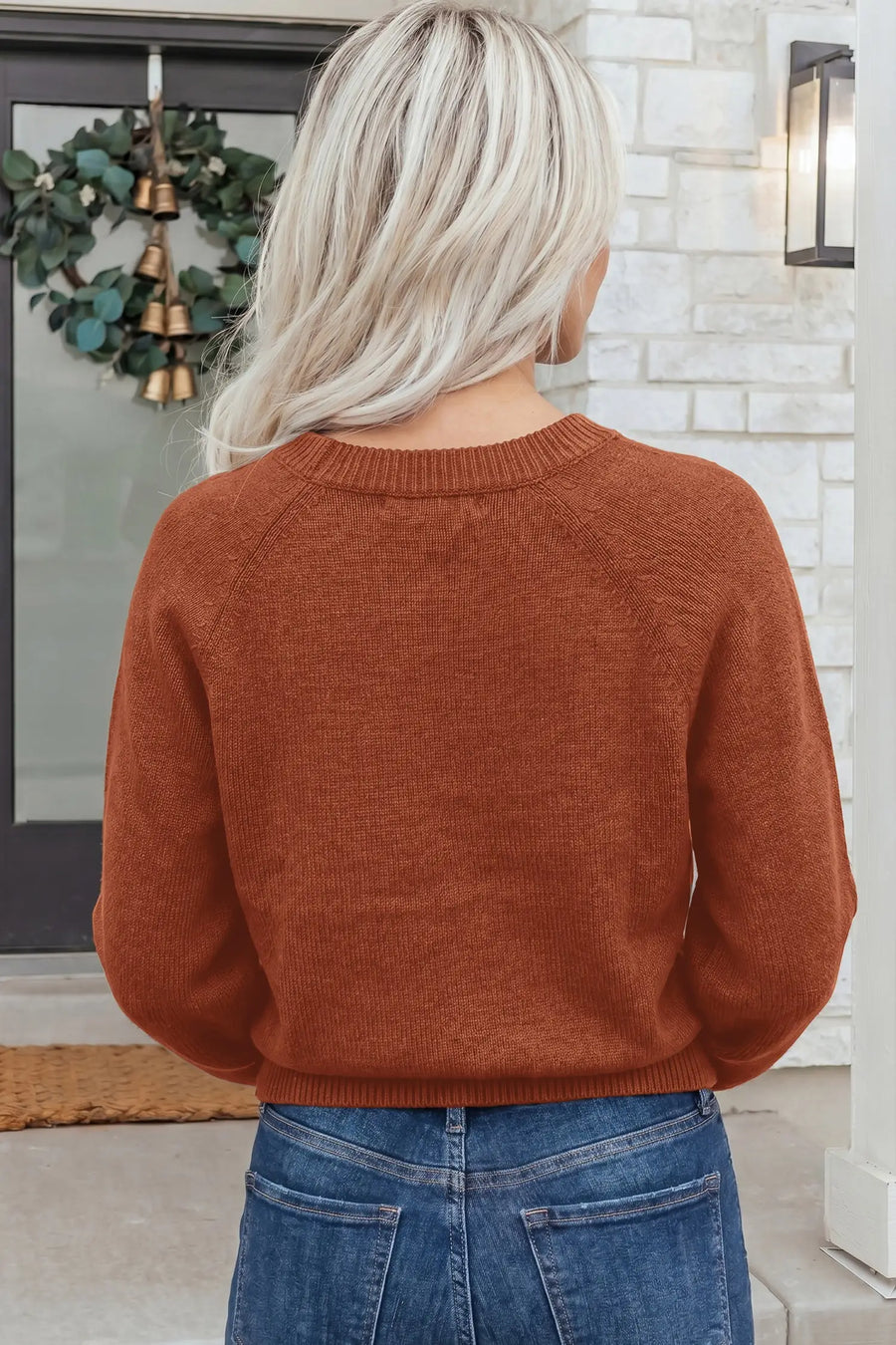 Ribbed knit round neck short sleeve sweater back view — Fashionfitz UK
