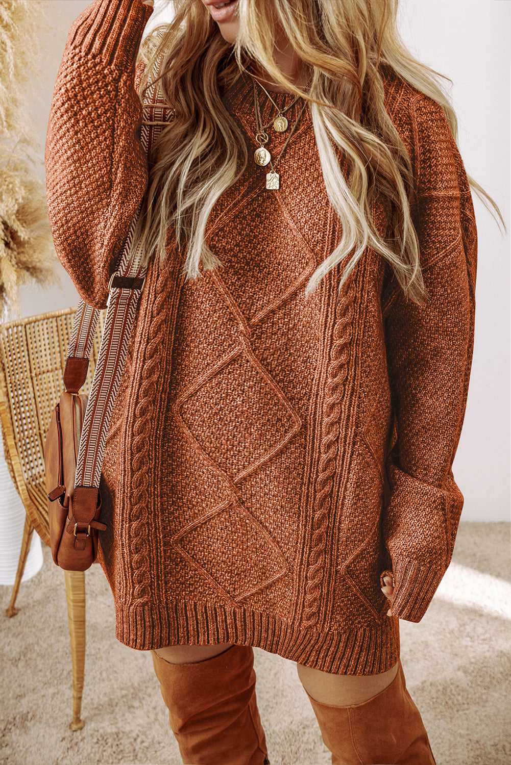 Cable Knit Jumper Dress - Drop Shoulder Loose Fit