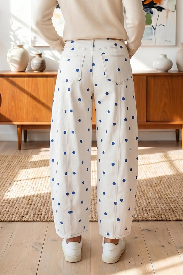 Polka Dot Seam Detail Barrel Jeans in Blue — side view showing wide-thigh barrel shape narrowing to ankle — Fashionfitz
