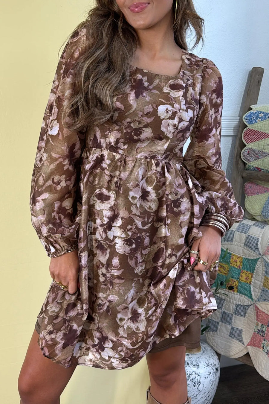 Brown Abstract Floral Square Neck Long Sleeve Mini Dress Women UK