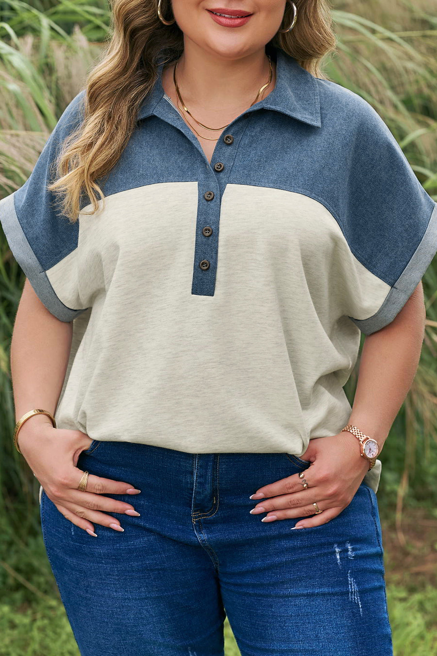Half Button Collared Denim Patchwork Plus Size Short Sleeve Top UK
