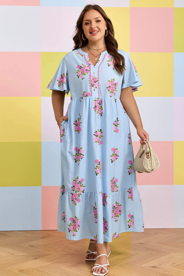 Sky Blue Plus Size Floral Scalloped V-Neck Dress Women UK — front view