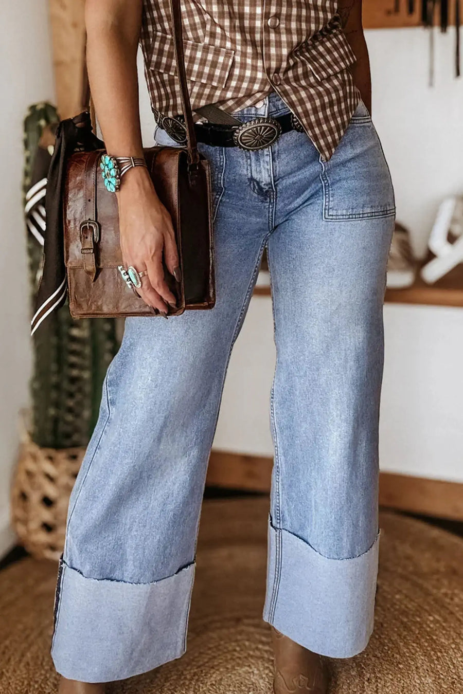 Turn-Up Cuff Wide-Leg Loose Jeans