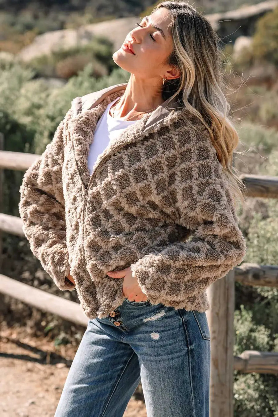 Camel sherpa fleece quilted hooded zip up jacket