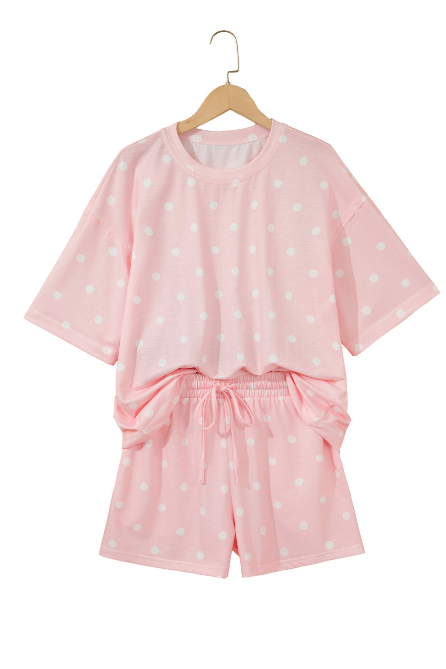 Polka Dot Exposed Seam Loose Tee Drawstring Shorts Two-Piece Set