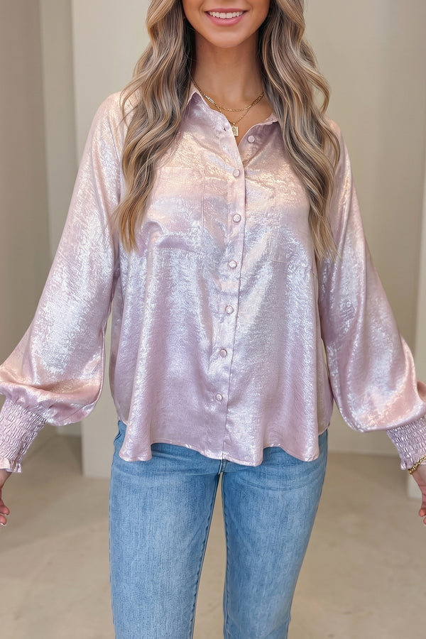 Button Front Ruffle Cuffs Back Paneling Blouse