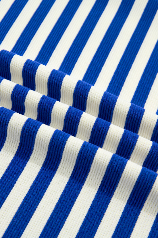 Stripe Contrast Trim Polo Collar Ruffled Short Sleeve Blouse